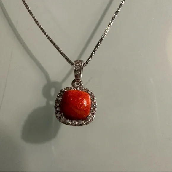 NWOT Ross-Simons Coral Pendant with .20 ct. t.w. White Topaz in Sterling Silver - Picture 3 of 8